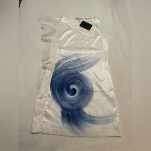 White satin dress with blue print design